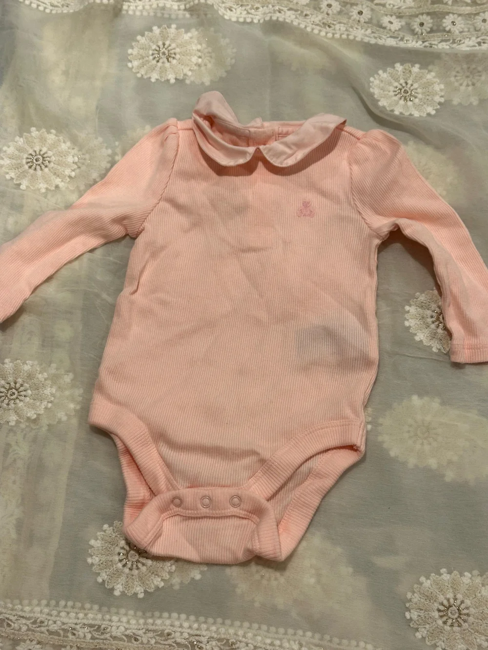 GAP Soft Pink Ribbed Long-Sleeve Baby One-Piece with Peter Pan Collar